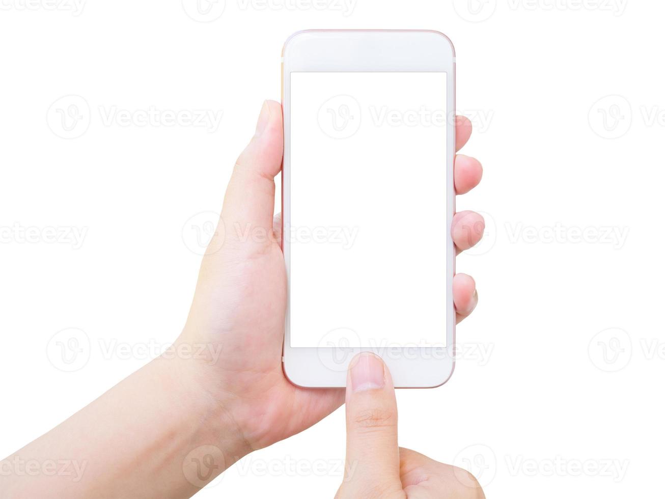 mano che tiene smart phone isolato su sfondo bianco foto