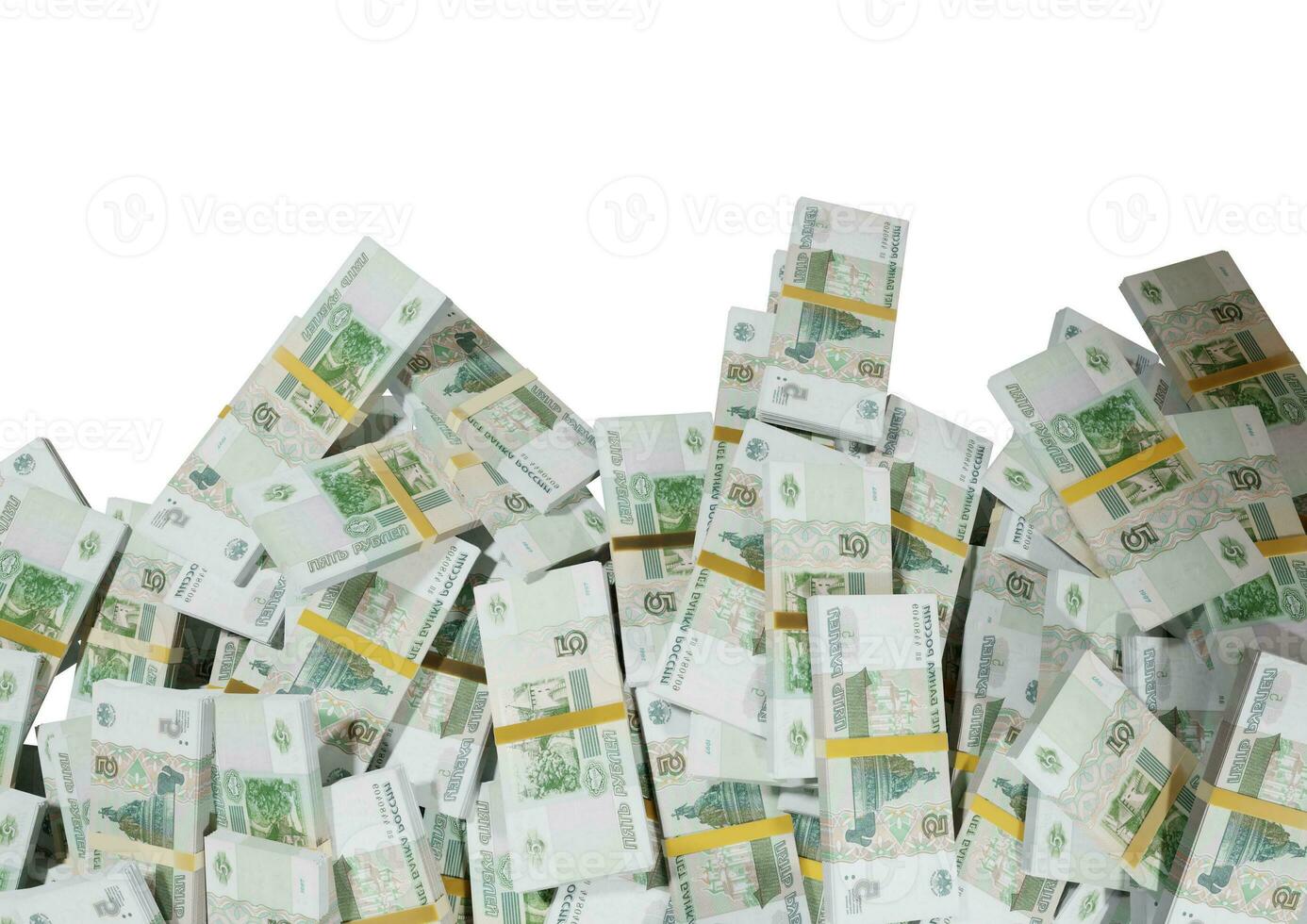 impilare contanti russi o banconote di rubli russi sparsi su uno sfondo bianco isolato il concetto di economico, finanza, sfondo, notizie, social media e consistenza del denaro rendering 3d foto