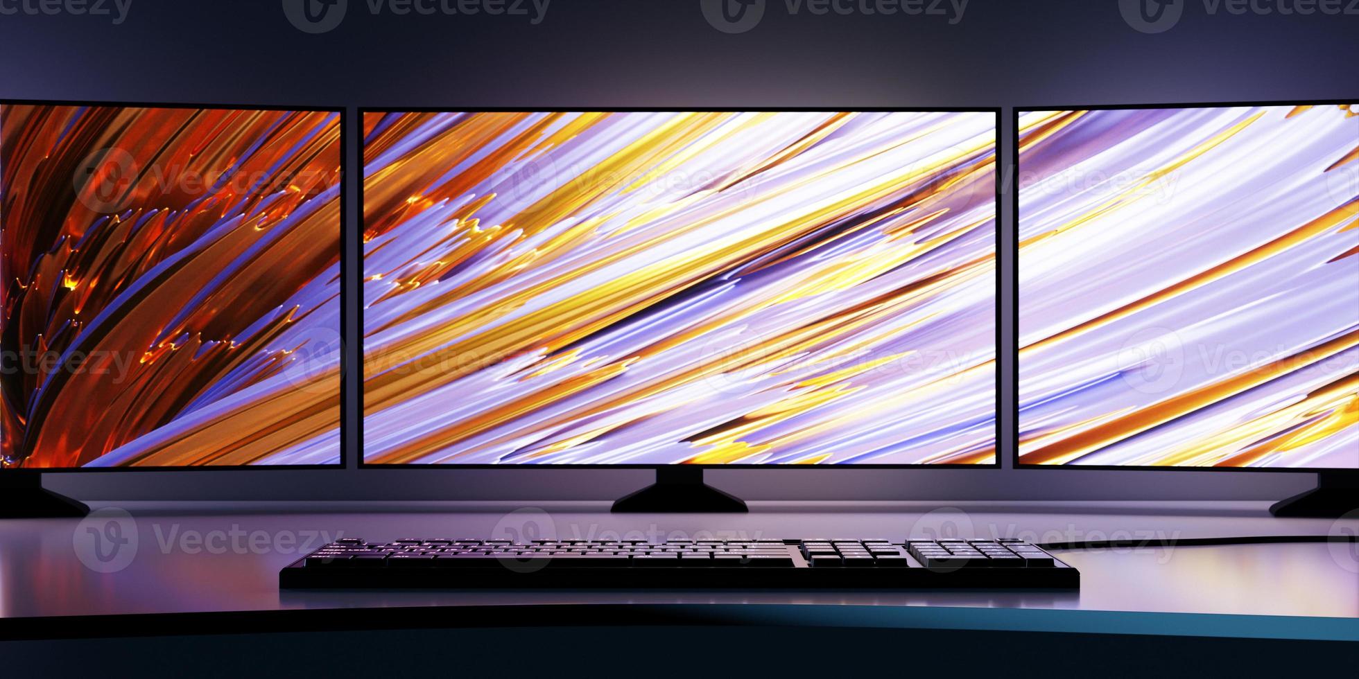 illustrazione 3d, potente giocatore di personal computer con tre monitor. desktop accogliente per gamer, monitor con tastiera rgb con retroilluminazione blu e neon. foto