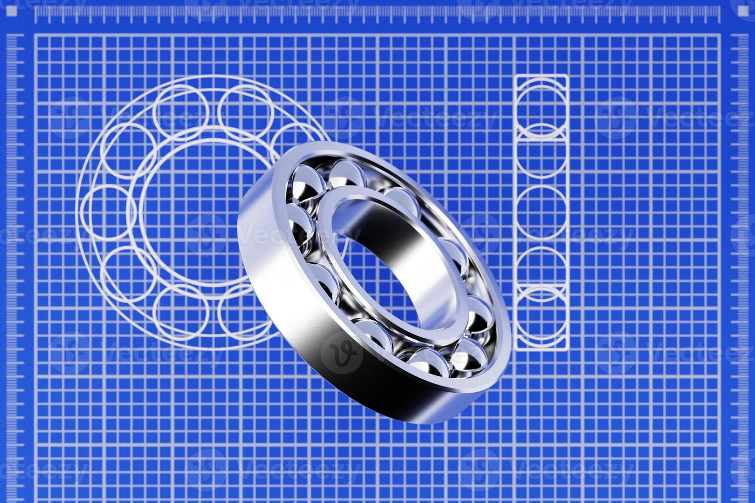 Illustrazione 3d di un cuscinetto a sfere in argento metallico con sfere su uno sfondo di carta millimetrata blu. cuscinetto industriale. foto