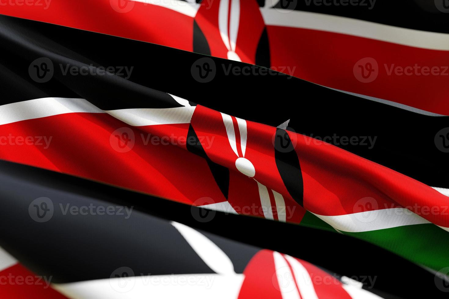 la bandiera nazionale del kenya dal primo piano dei tessuti in tre versioni, messa a fuoco morbida. illustrazione 3d foto