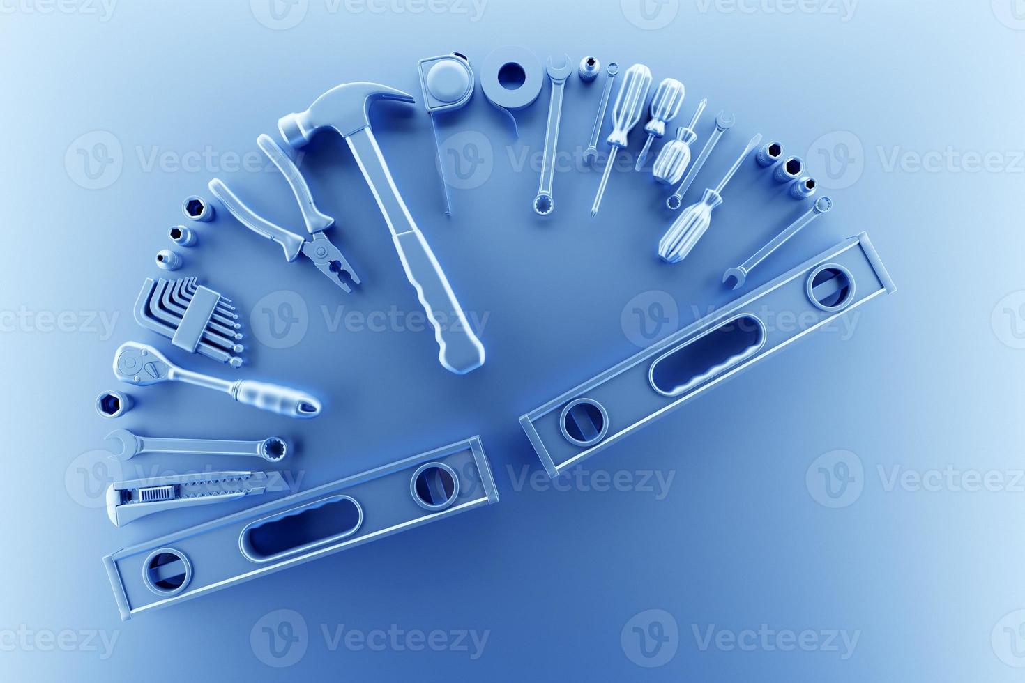 illustrazione 3d strumenti manuali blu cacciavite, martello, pinze, viti, ecc. per lavori a mano. vari strumenti di lavoro. concetto di costruzione, costruzione, ristrutturazione. foto