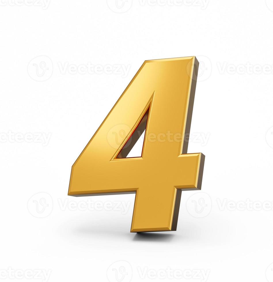 numero d'oro 4 quattro isolati su sfondo bianco. 3d lucido numero 4 realizzato in oro 3d illustrazione foto
