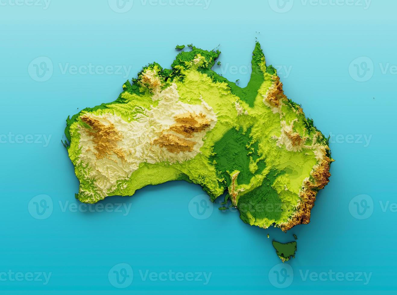 mappa dell'australia mappa dell'altezza del colore in rilievo ombreggiato sullo sfondo blu del mare illustrazione 3d foto
