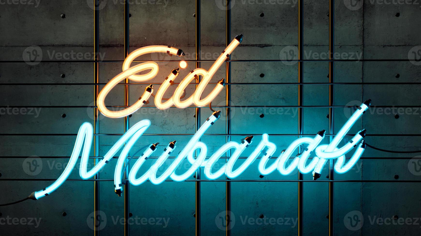 eid mubarak neon luminoso giallo e blu segno luminoso con parole cemento scuro 3d illustrazione foto