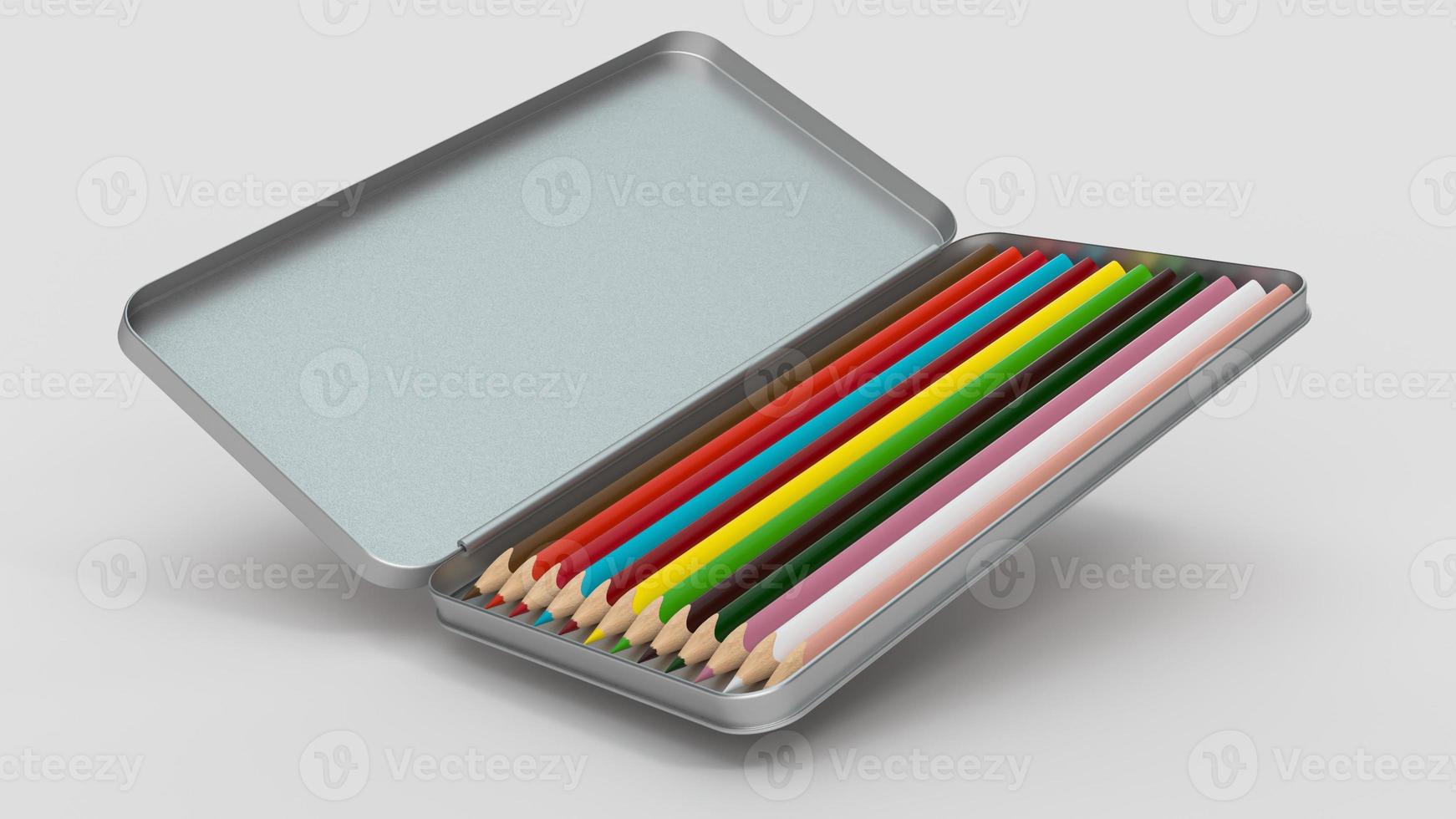 matita nei colori dell'arcobaleno in una scatola di alluminio aperta che vola in aria illustrazione 3d isolata foto