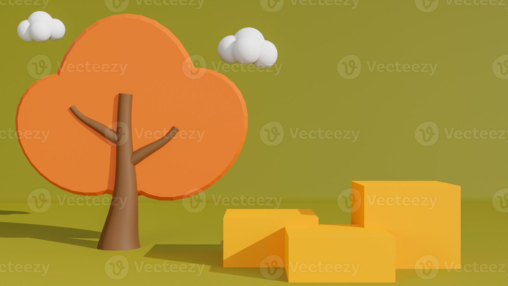 sfondo autunnale, podio di presentazione del prodotto concept con nuvola e albero su sfondo verde. rendering 3D foto