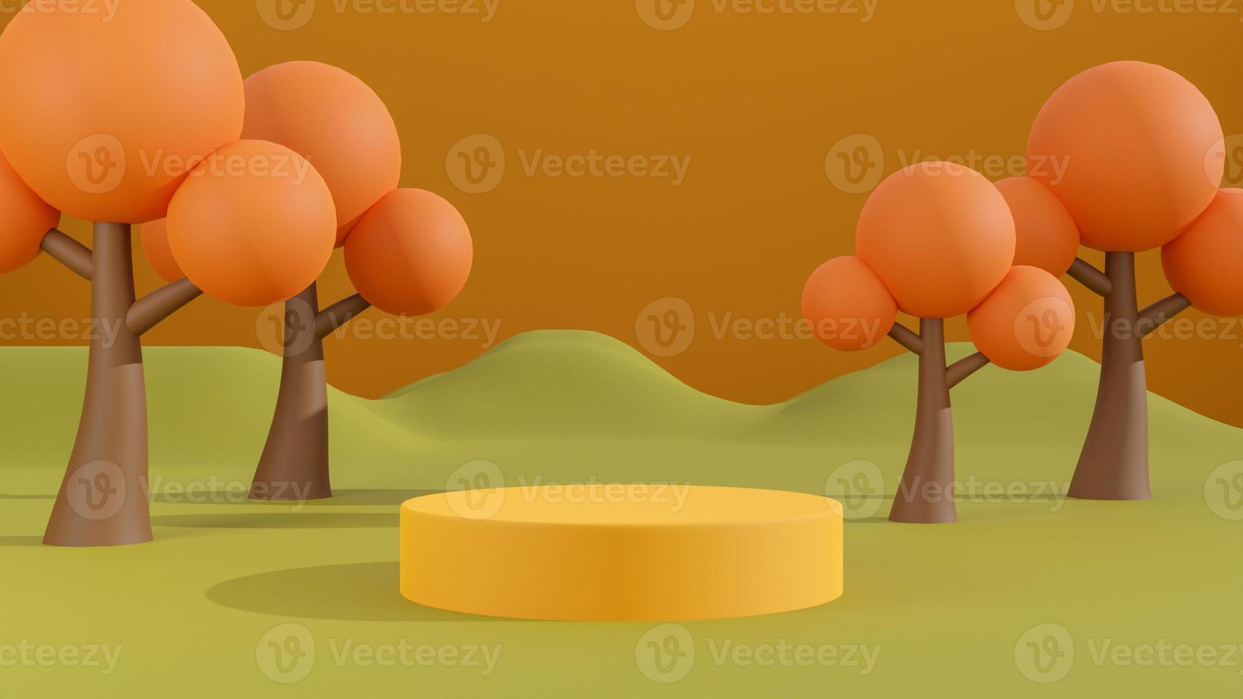 sfondo autunnale, podio di presentazione del prodotto concept con collina e albero su sfondo arancione. rendering 3D foto