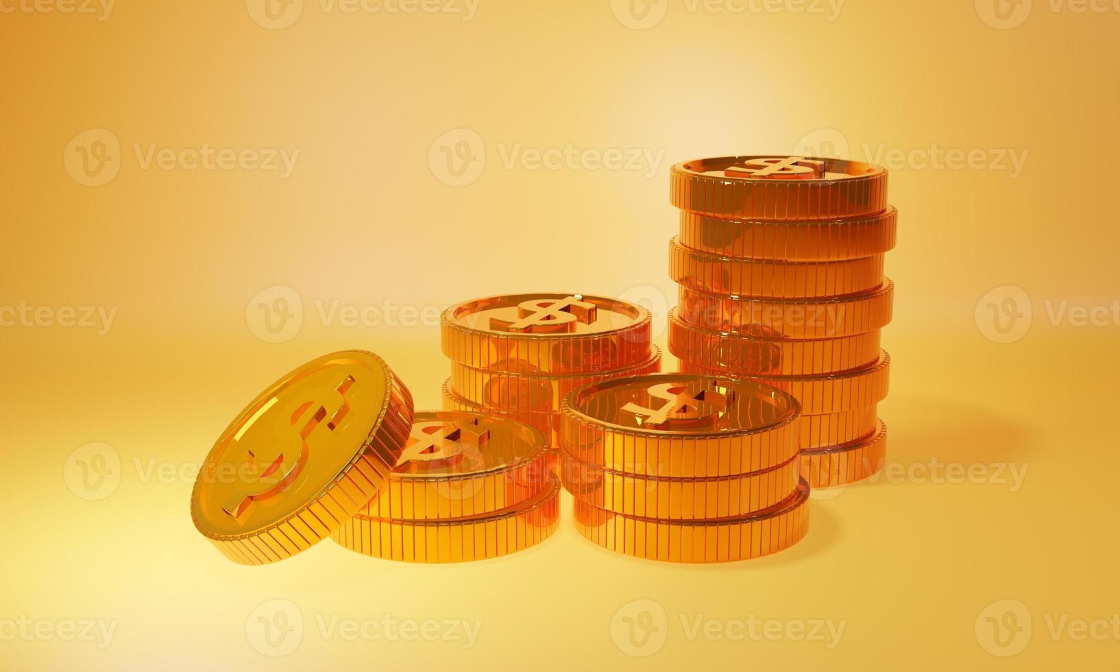 Pila di monete d'oro 3d su fondo oro con concetto di profitto. monete d'oro o valuta di affari. rendering 3D. foto