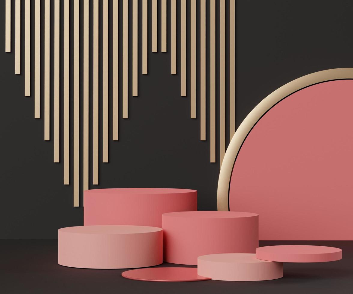 Forme geometriche minimaliste astratte 3d. display del podio di lusso in tema di colore corallo rosa nero. palcoscenico della sfilata di moda, piedistallo, vetrina per esposizione. foto