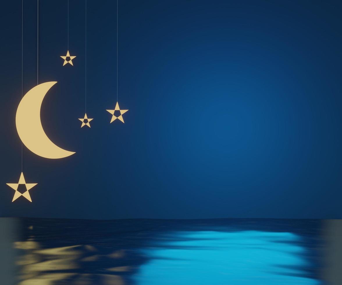 Scena di rendering 3d di luna crescente e stella che brillano a mezzanotte e il mare blu. foto