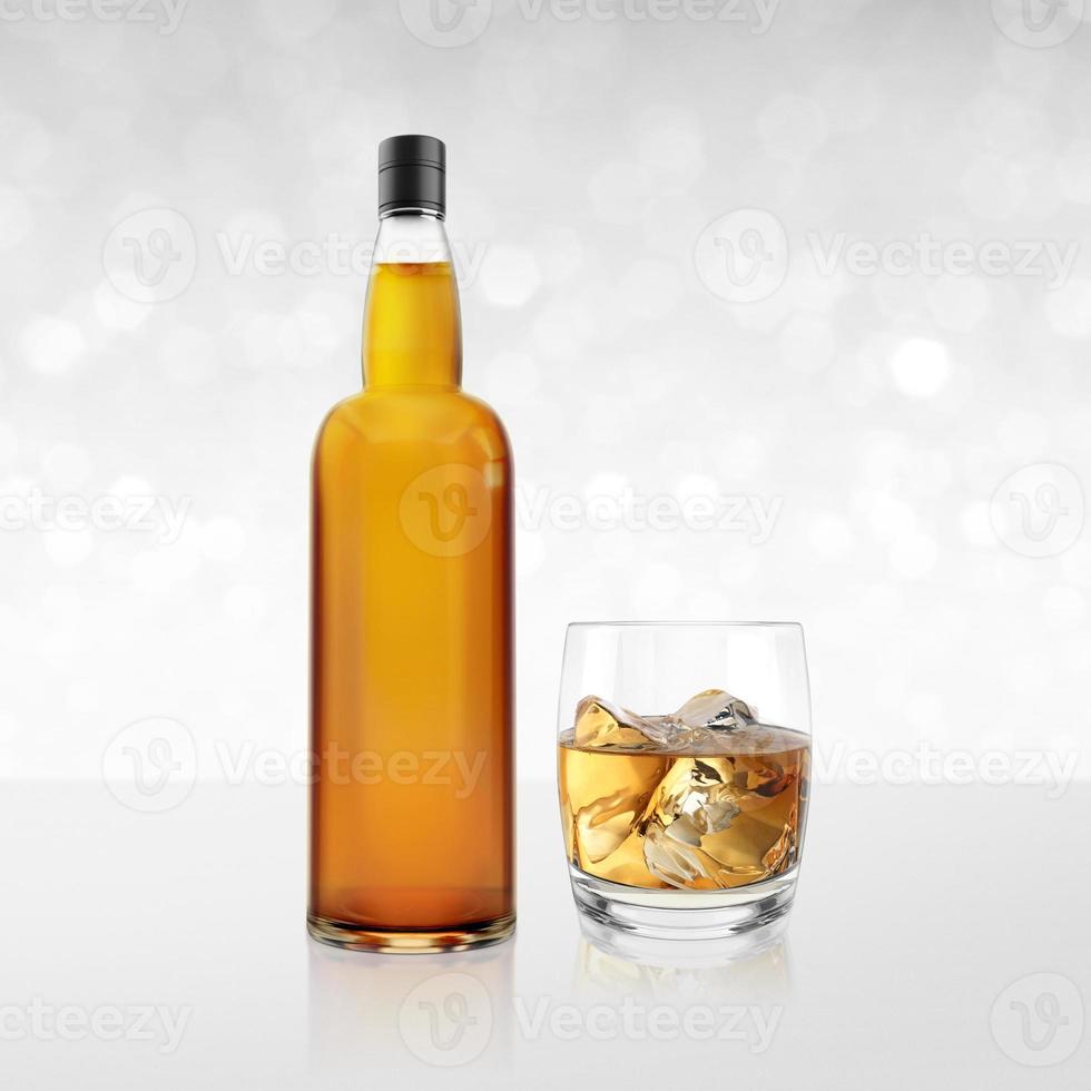 bottiglia di whisky con vetro su sfondo bianco brillante bokeh. rendering 3d foto