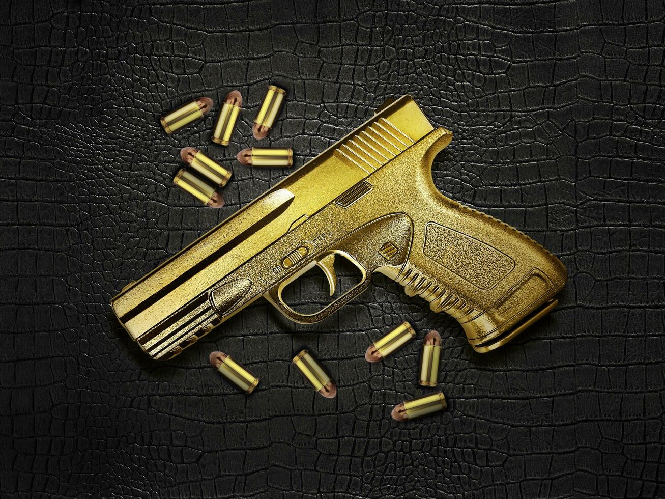 pistola in metallo dorato e proiettili su fondo in pelle nera foto