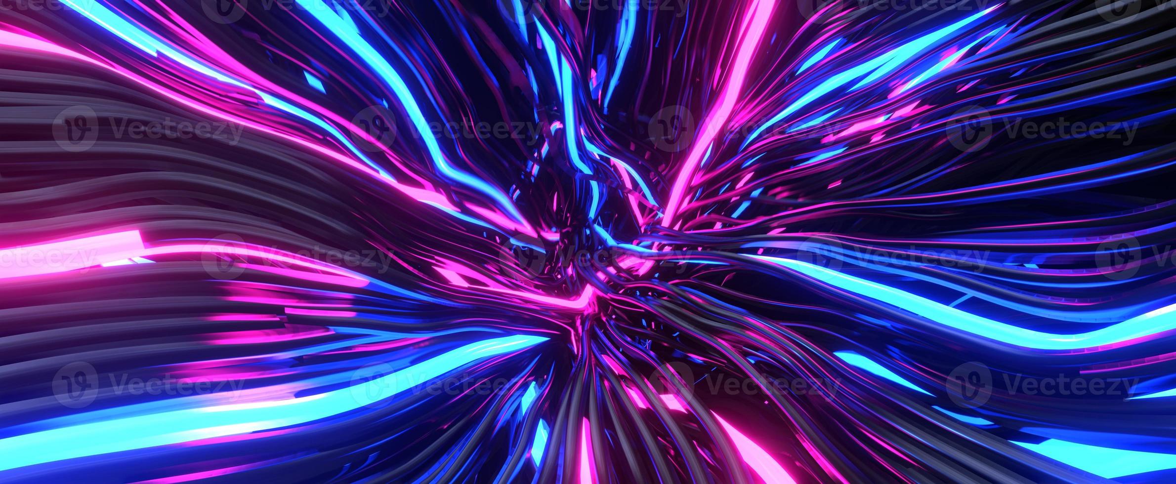 nodo astratto di energia fatto di cavi al neon. flusso intrecciato di fili blu di rendering 3d viola attorcigliati in rete. linee di comunicazione digitale futuristiche con movimento e sovraccarico costanti foto