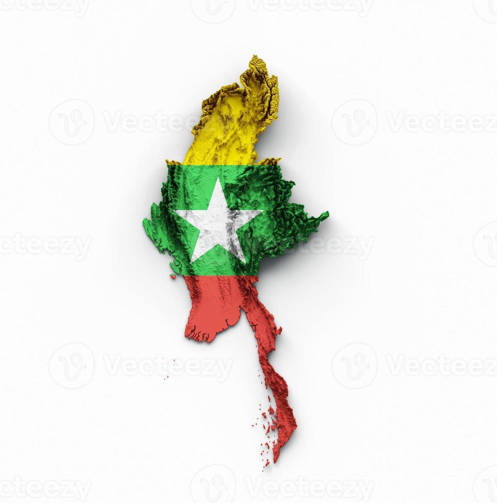 myanmar mappa della birmania bandiera della birmania colore in rilievo ombreggiato mappa dell'altezza su sfondo bianco illustrazione 3d foto
