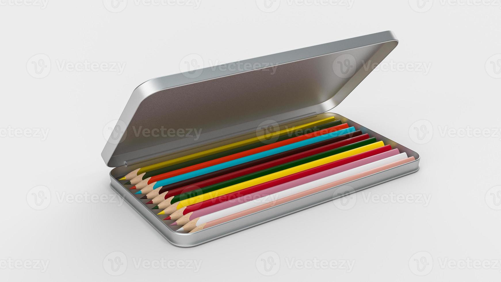 riga di matita nei colori dell'arcobaleno in scatola di alluminio aperta isolato pastelli colorati per disegnare il concetto di ritorno a scuola illustrazione 3d foto