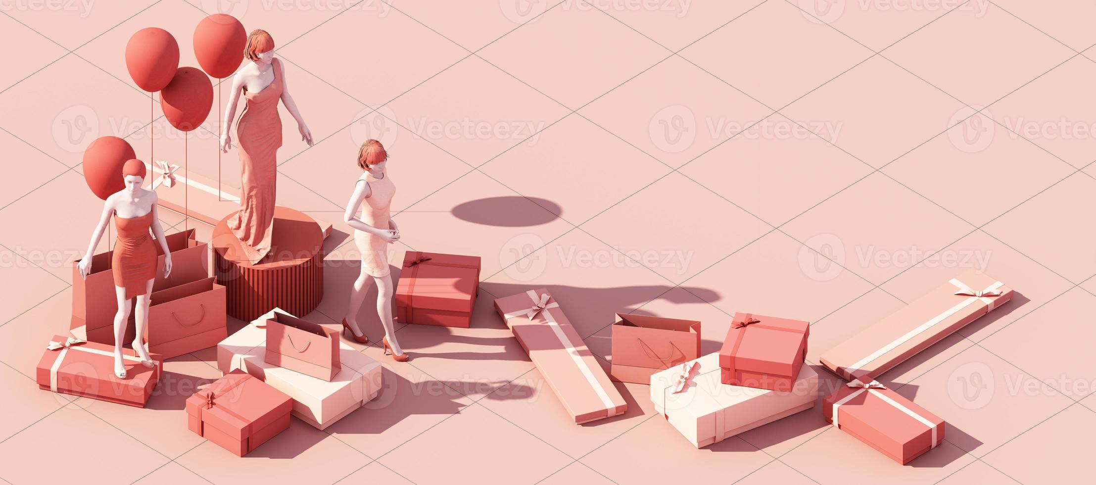 manichini per abiti un appendiabiti circondato da borsa e oggetti di scena con forma geometrica sul pavimento in colore rosa e blu. rendering 3D foto