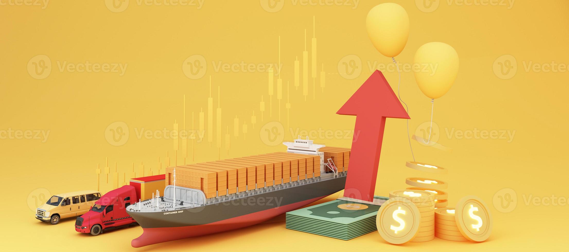 il concetto di inflazione è in aumento. che interessano il commercio internazionale e le attività di trasporto sullo sfondo giallo e rosso e il trasporto dell'ambiente circostante e il rendering 3d di cartone foto