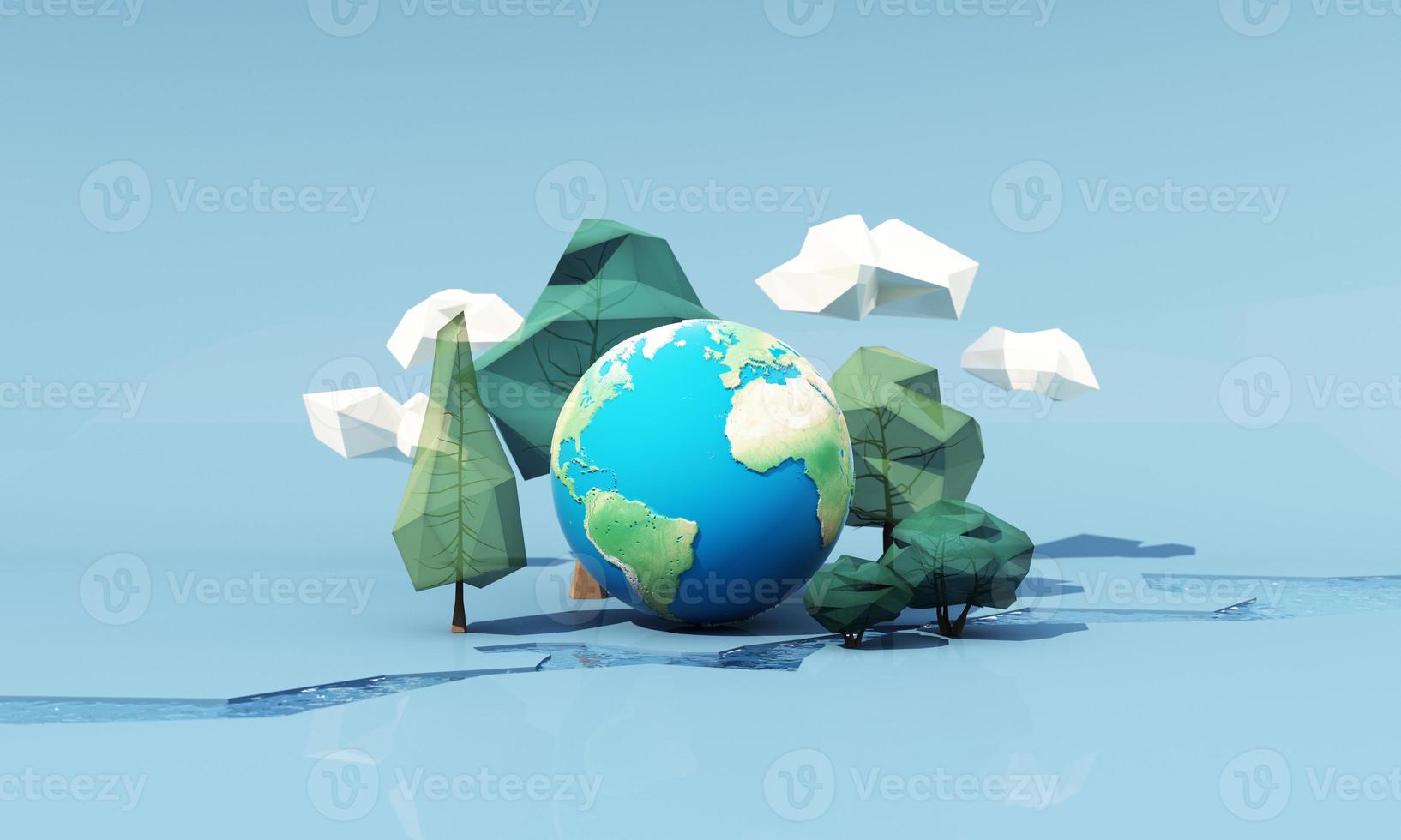 poster o banner innovativo della giornata mondiale dell'ambiente con albero basso poli e nuvola e fiume sul pavimento con globo terrestre su sfondo blu illustrazione di rendering 3d foto