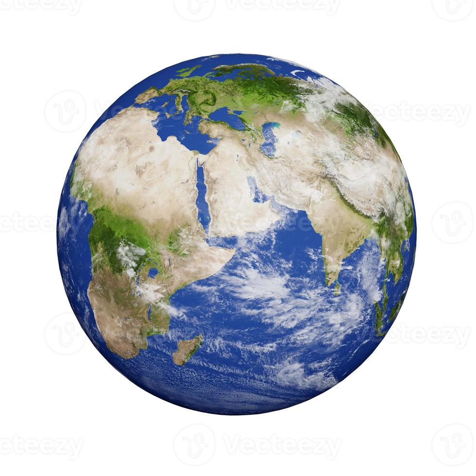 pianeta terra con nuvole isolate su sfondo bianco, continenti di europa e africa e parte dell'asia. elementi di questa immagine forniti dalla nasa. rendering 3D. foto