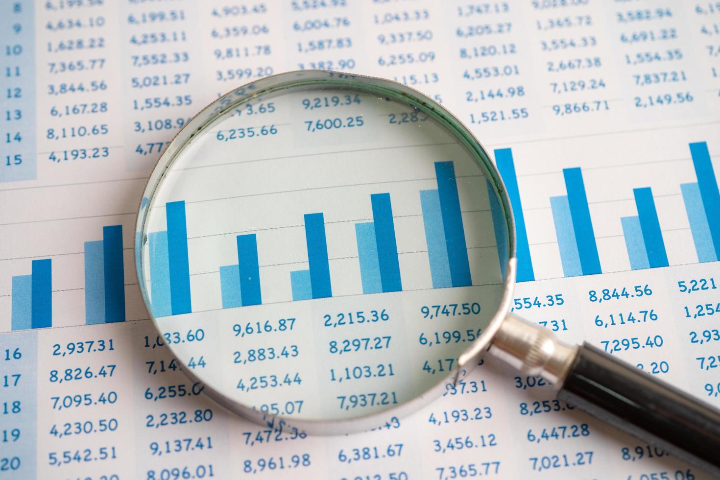 lente d'ingrandimento sul foglio di calcolo grafico grafico. sviluppo finanziario, conto bancario, statistiche, economia, commercio di borsa, concetto di riunione della società dell'ufficio commerciale. foto