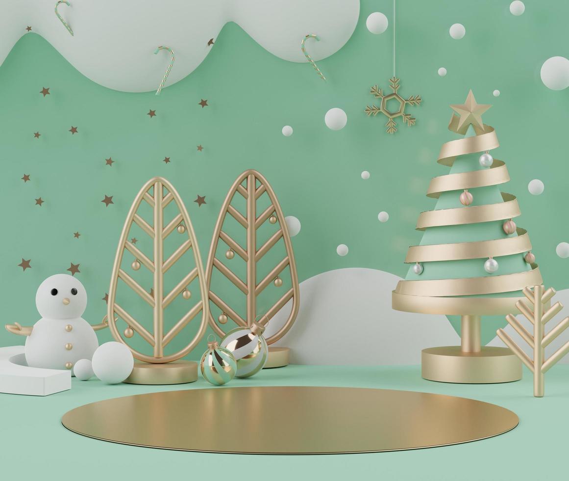 La scena di rendering 3d del concetto di vacanza di Natale decora con albero e mostra il podio o il piedistallo per il mock up e la presentazione dei prodotti. foto