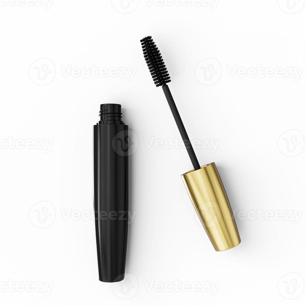 mascara aperto e pennello sfondo bianco isolato da vicino, tubo nero, contenitore per mascara per occhi, stick applicatore per ciglia, bacchetta per ciglia, accessorio per il trucco di bellezza, illustrazione 3d di cosmetici foto