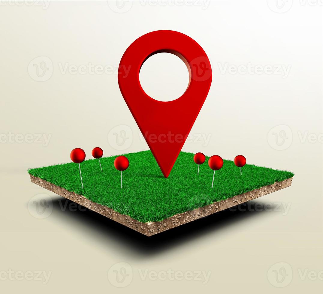 puntina rossa, simbolo di navigazione. perno rosso del navigatore sul quadrato dell'illustrazione 3d del campo di erba verde foto