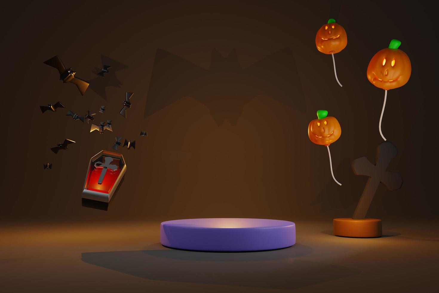 podio e lume di candela in zucca a palloncino con bara di vetro trasparente per halloween felice, illustrazione 3d concettuale o rendering 3d foto