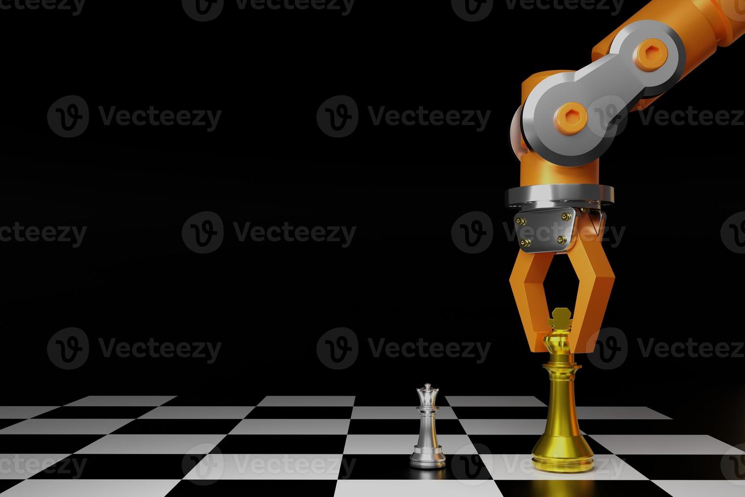 braccio robotico con pezzi degli scacchi e tavola su sfondo nero, rendering 3d foto