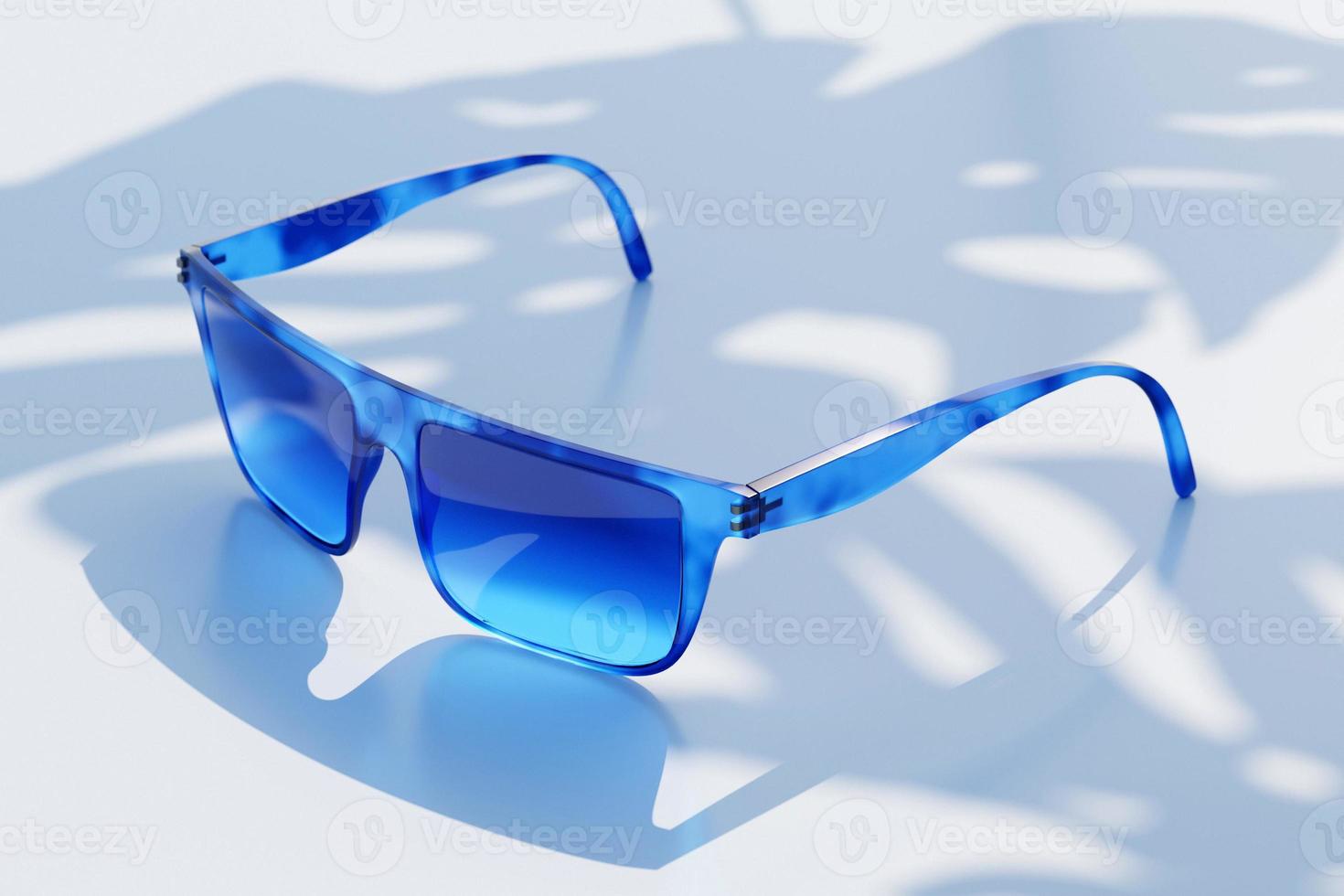 Illustrazione 3d di occhiali da sole blu realistici con ombre su uno sfondo monocromatico foto