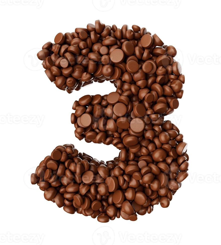cifra 3 fatta di gocce di cioccolato pezzi di cioccolato alfabeto lettera 3 3d illustrazione foto