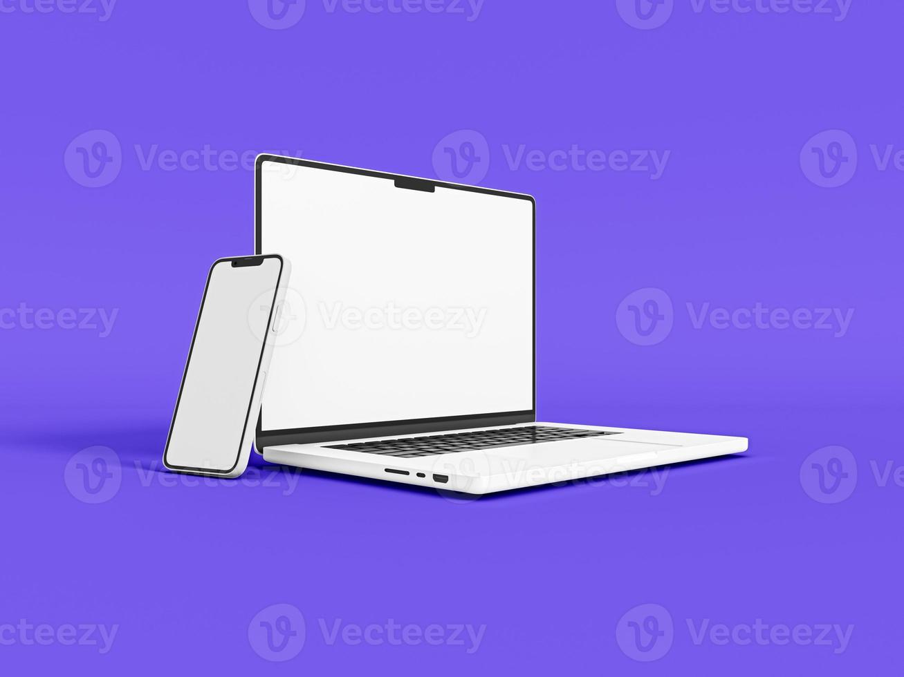 laptop e telefono smartphone su sfondo bianco in stile minimale per mockup e sito Web reattivo. computer portatile con schermo vuoto, telefono cellulare 2022. 3d rendering illustrazione foto