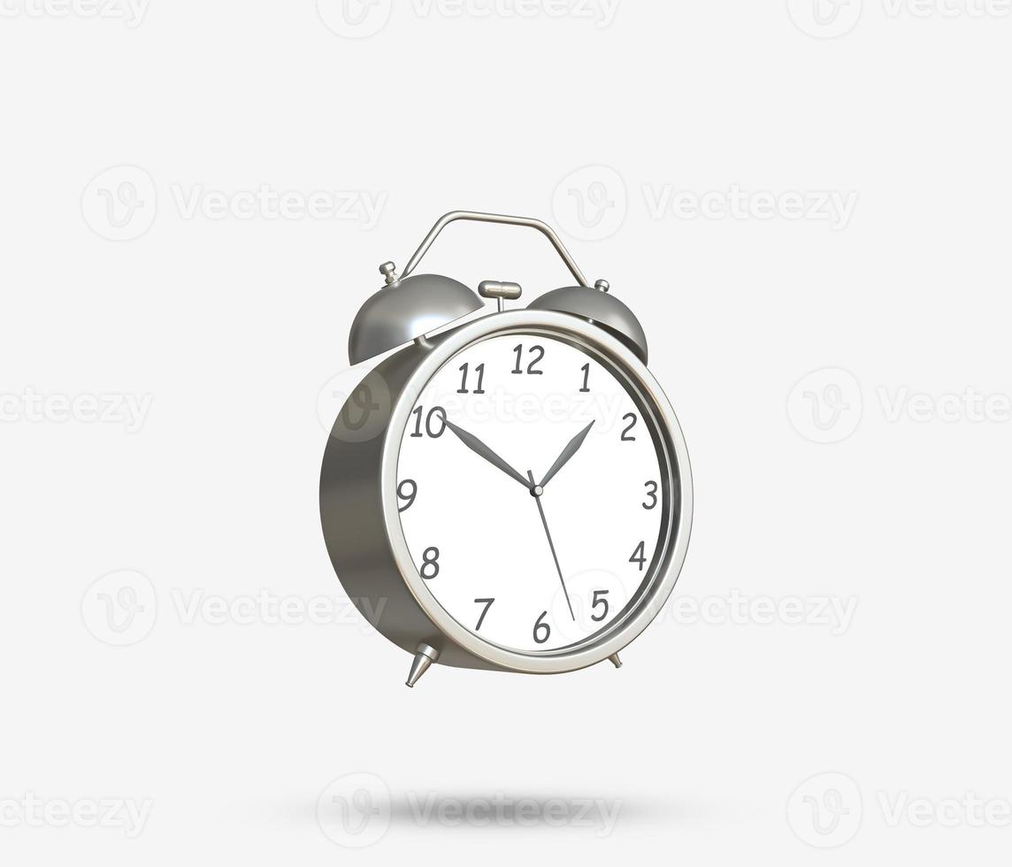 vecchia icona dell'orologio da tavolo 3d. sveglia realistica. orologio da tavolo classico colore argento con timer. strumento vintage per la gestione dell'ora mattutina. vista frontale della sveglia retrò. illustrazione resa 3D foto