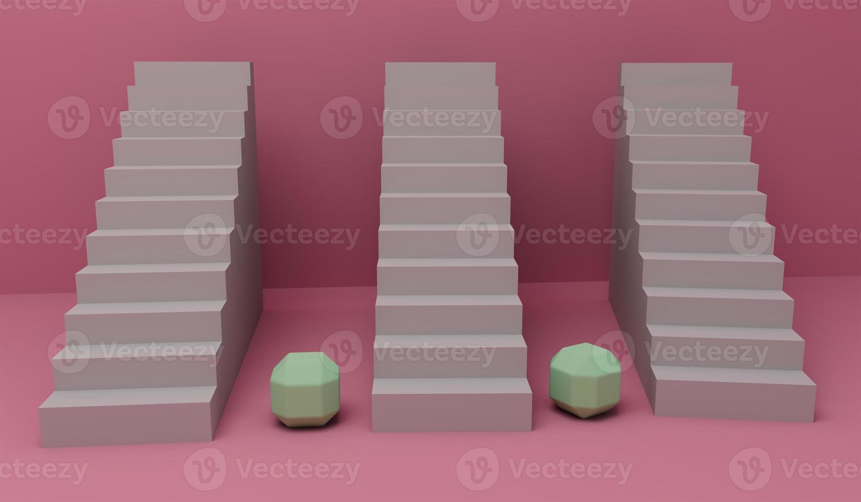 tre scale con sfere cubiche su sfondo rosa rendering 3d foto