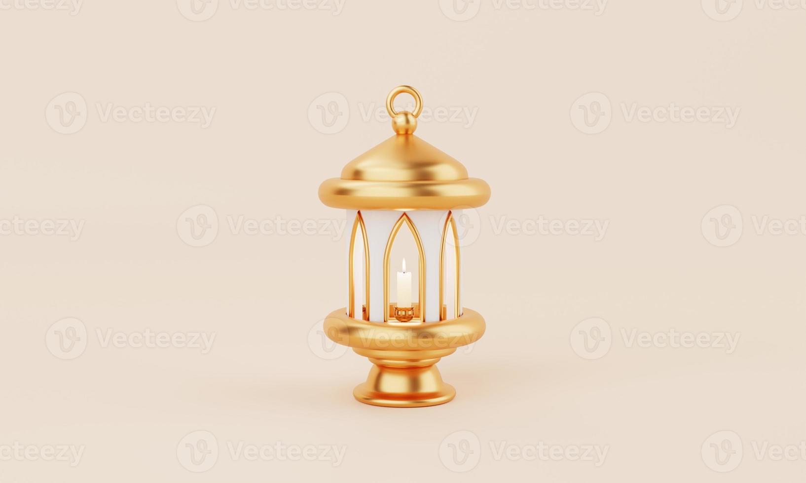 lanterna dorata in stile islamico per il giorno del ramadan kareem su sfondo color corallo. eid mubarak e concetto di santa religione. rendering di illustrazioni 3d foto