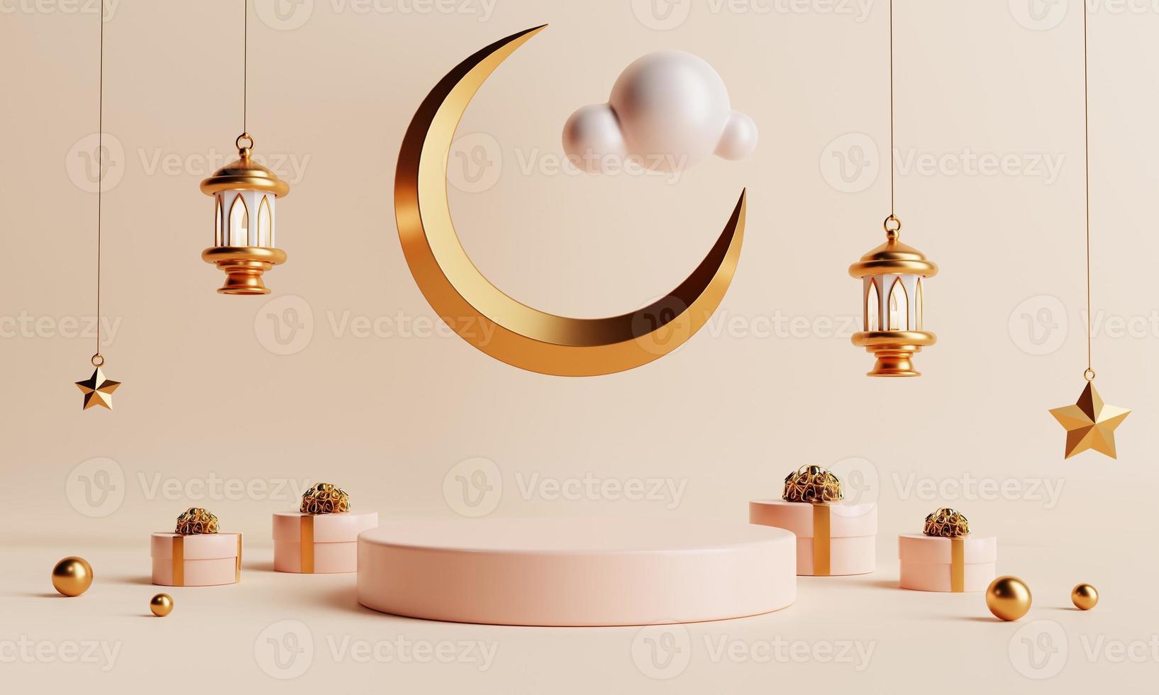 podio del prodotto in stile islamico di cultura tradizionale ramadan o eid mubarak su sfondo color corallo. concetto di festa e festival arabo. rendering di illustrazioni 3d foto