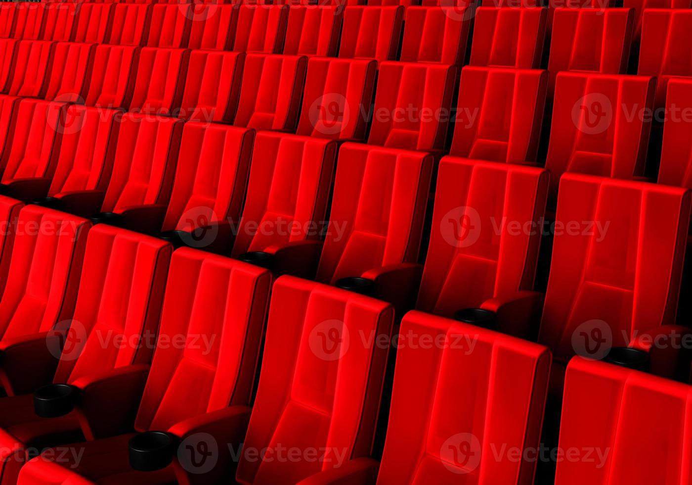 file di sedili in velluto rosso che guardano film al cinema con sfondo banner spazio copia. concetto di intrattenimento e teatro. rendering di illustrazioni 3d foto