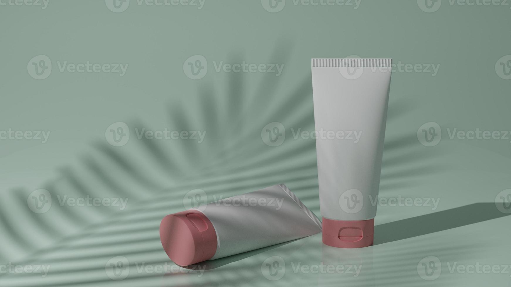 vari modelli di contenitori cosmetici vuoti ombre parasole sulla parete beige, tubo di crema di plastica prodotto di bellezza sfondo per la presentazione del prodotto illustrazione di rendering 3d. foto