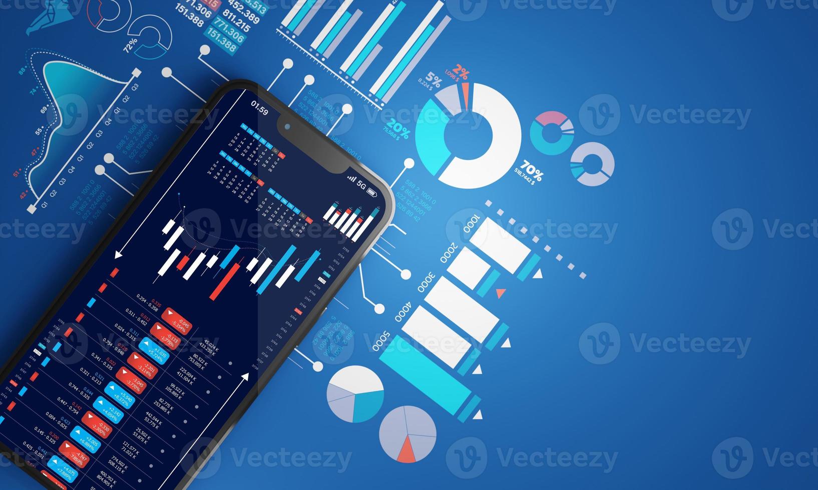 mercato azionario commerciale su smartphone e sfondo grafico grafico di investimento aziendale blu, rendering 3d foto