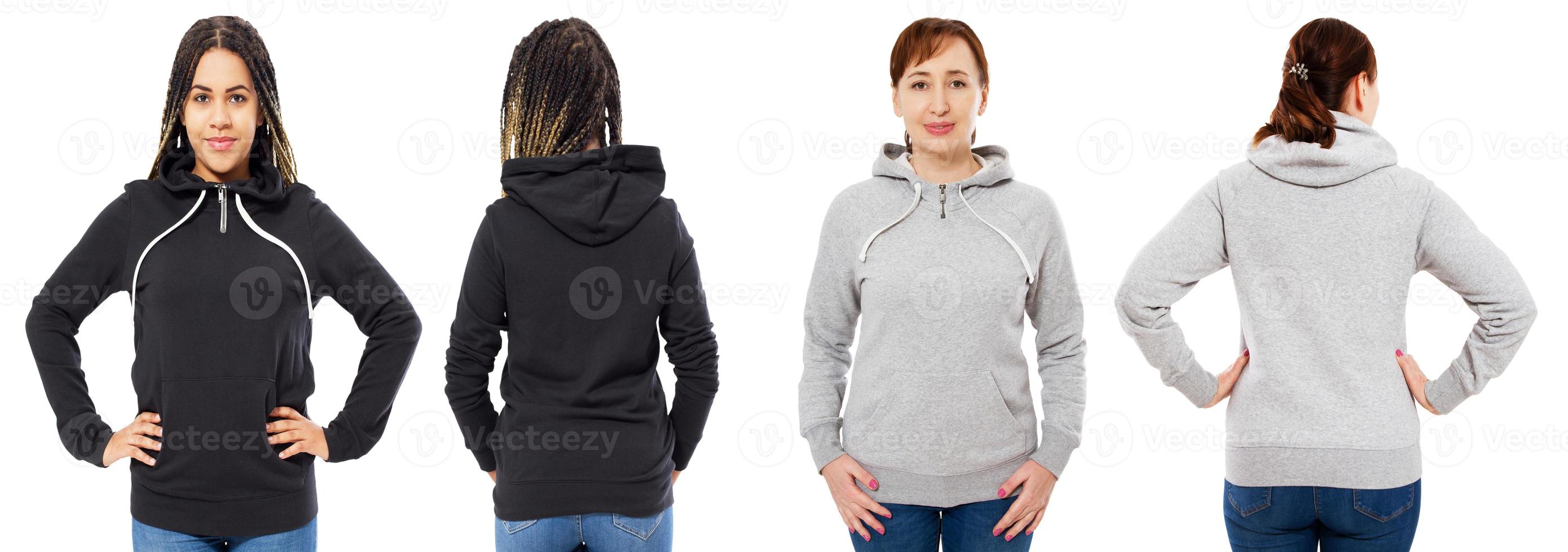cappuccio femminile collage vista anteriore e posteriore isolata - donna caucasica e nera in felpa con cappuccio mock up foto