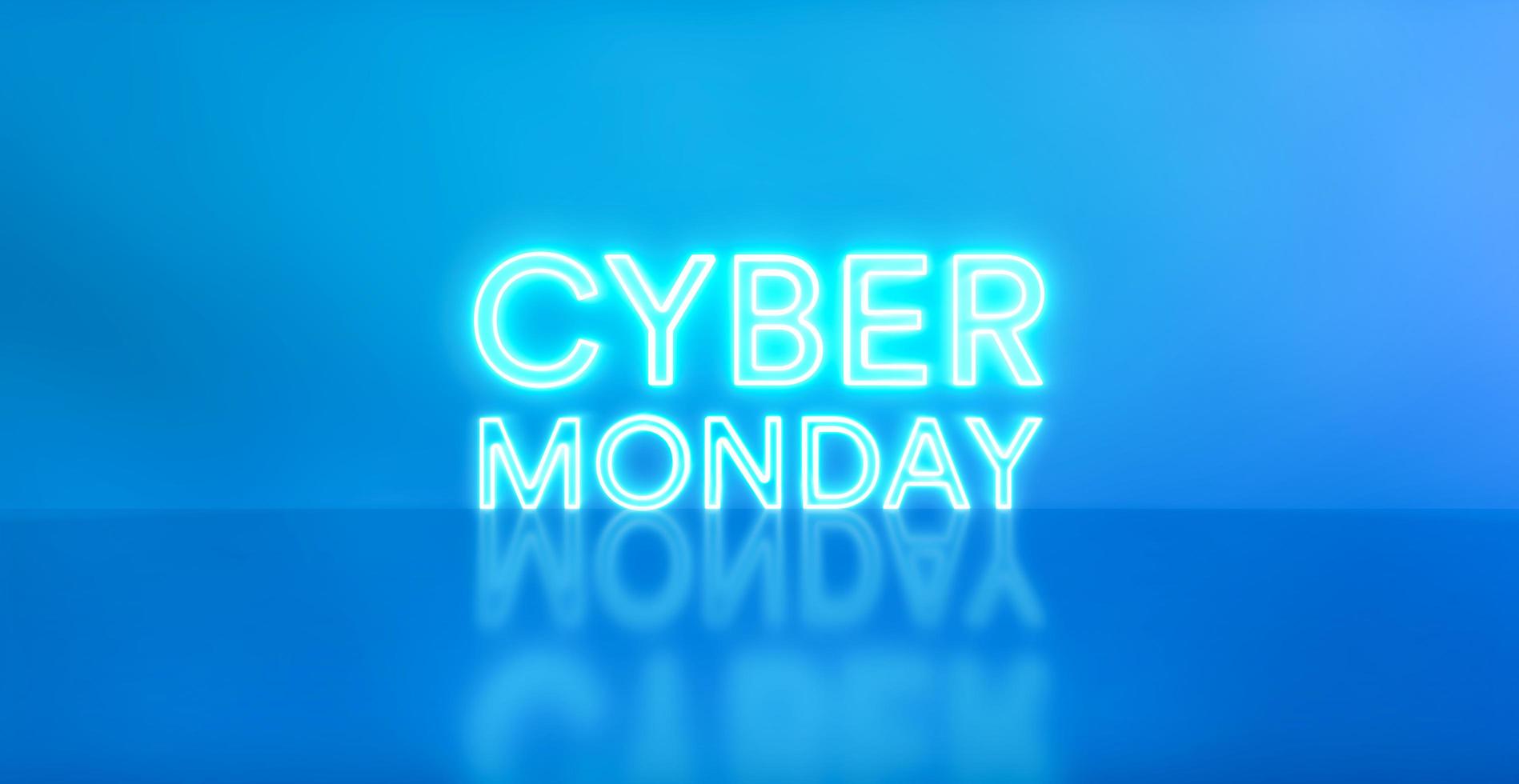 insegna al neon di cyber lunedì su sfondo blu per studio. concetto di acquisto di vendita. rendering 3D - illustrazione. foto