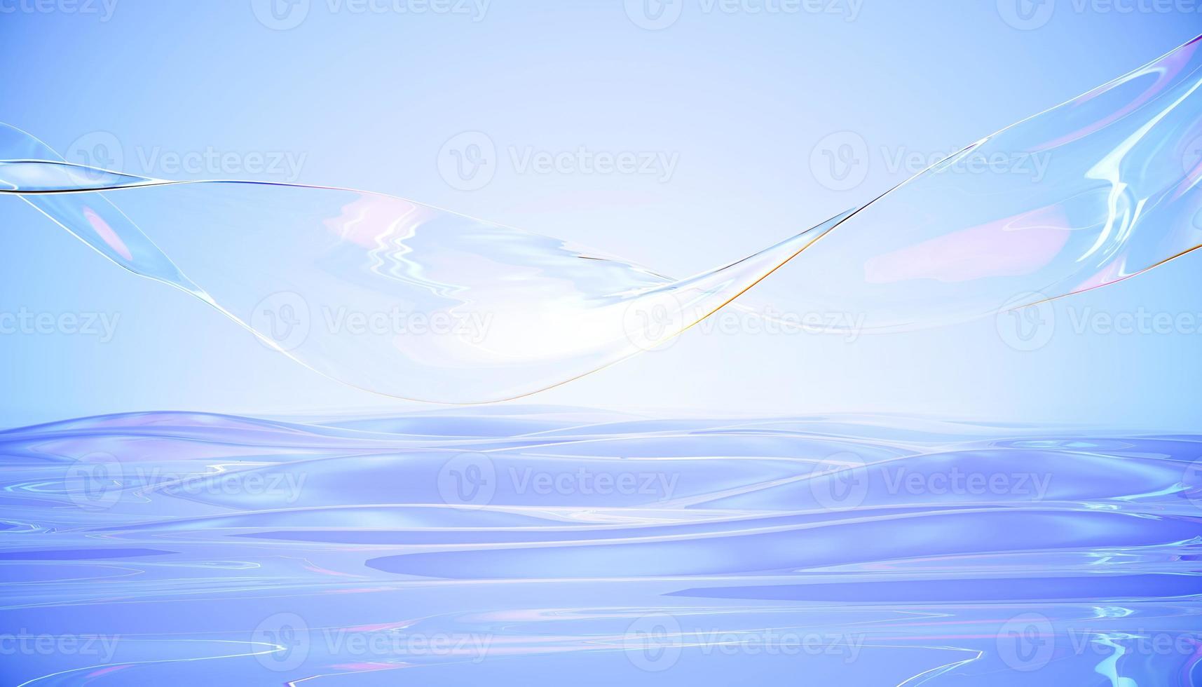 rendering 3d astratto viola, purpureo, sfondo blu, bella superficie dell'acqua. vetro trasparente con nastro in dispersione su liquido. elemento di design per sfondo banner, carta da parati. foto