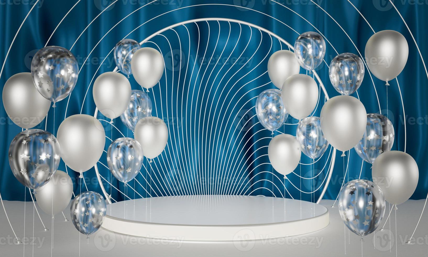 rendering 3D. podio, palco con palloncini argento e trasparenti, fondo tessuto blu foto