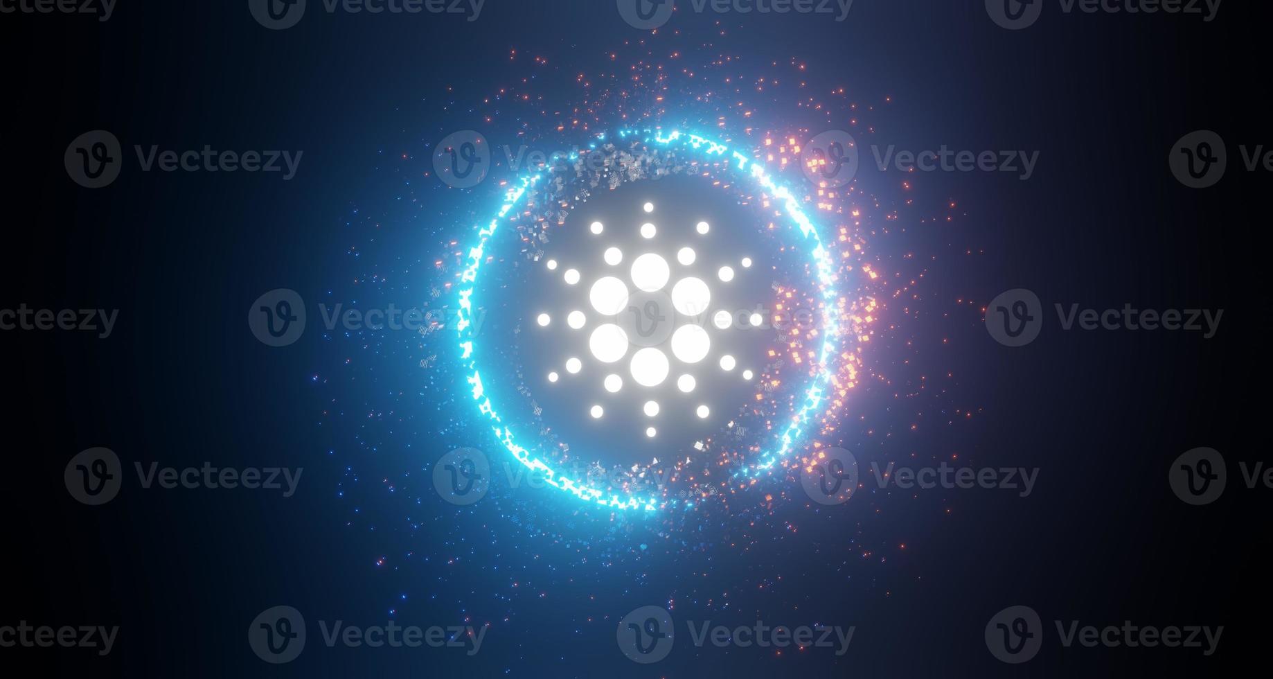 Rendering 3d di monete cardano o ada di criptovaluta con luce laser al neon di rete tecnologica. concetto di valuta digitale di criptovaluta. nuovo scambio di denaro virtuale in blockchain. foto