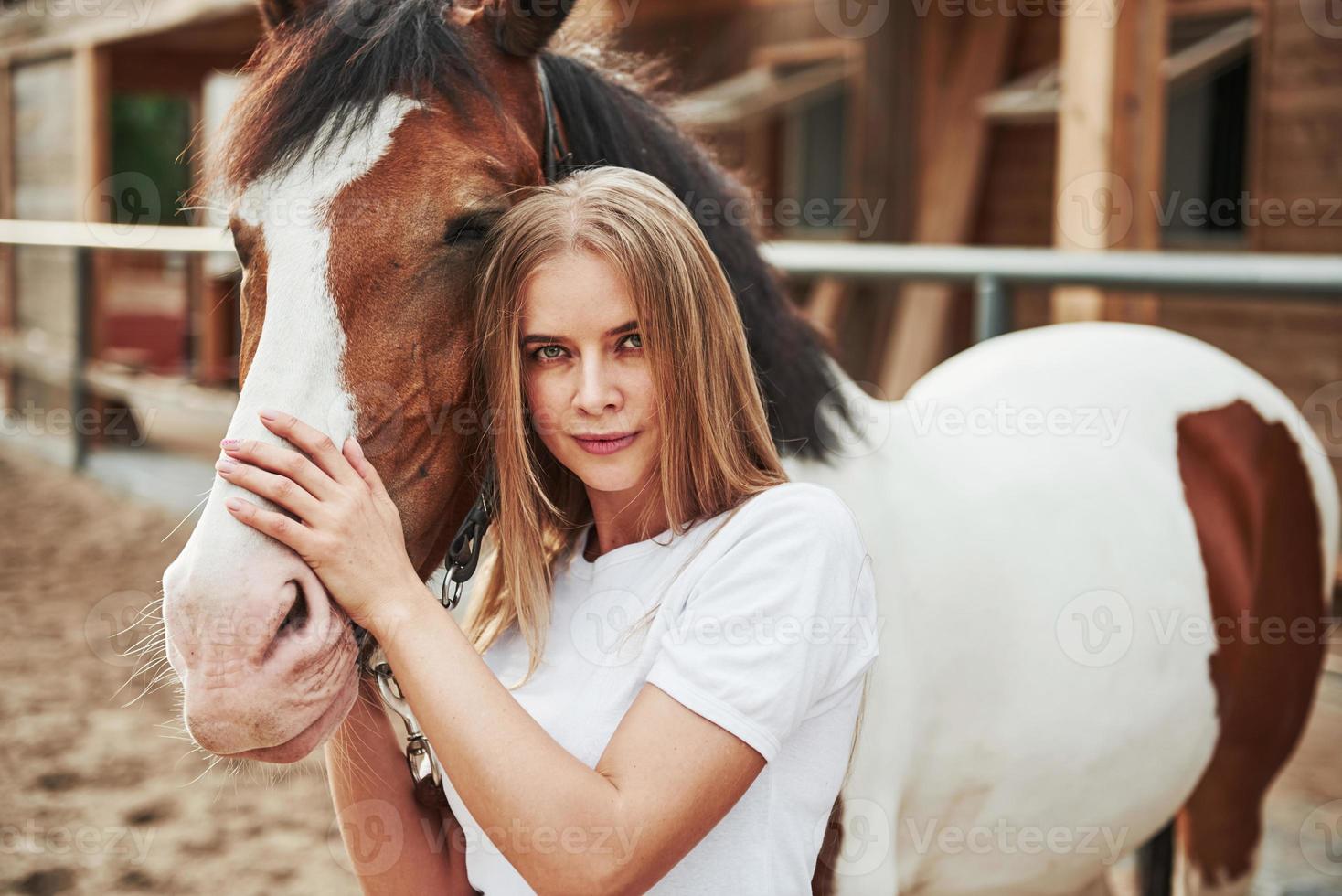 temperatura calda. donna felice con il suo cavallo nel ranch di giorno foto