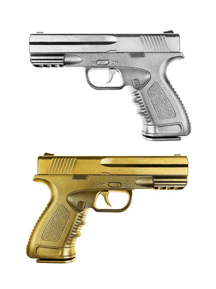 pistola in metallo argentato e pistola in metallo dorato isolato su sfondo bianco foto