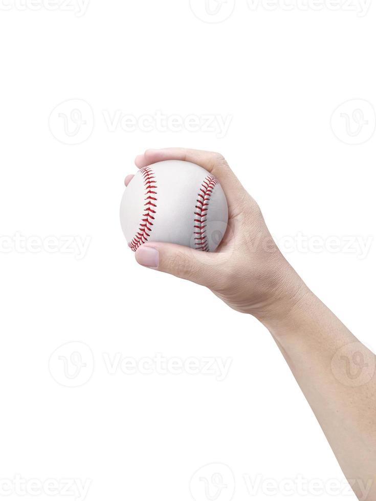 baseball in mano su sfondo bianco foto