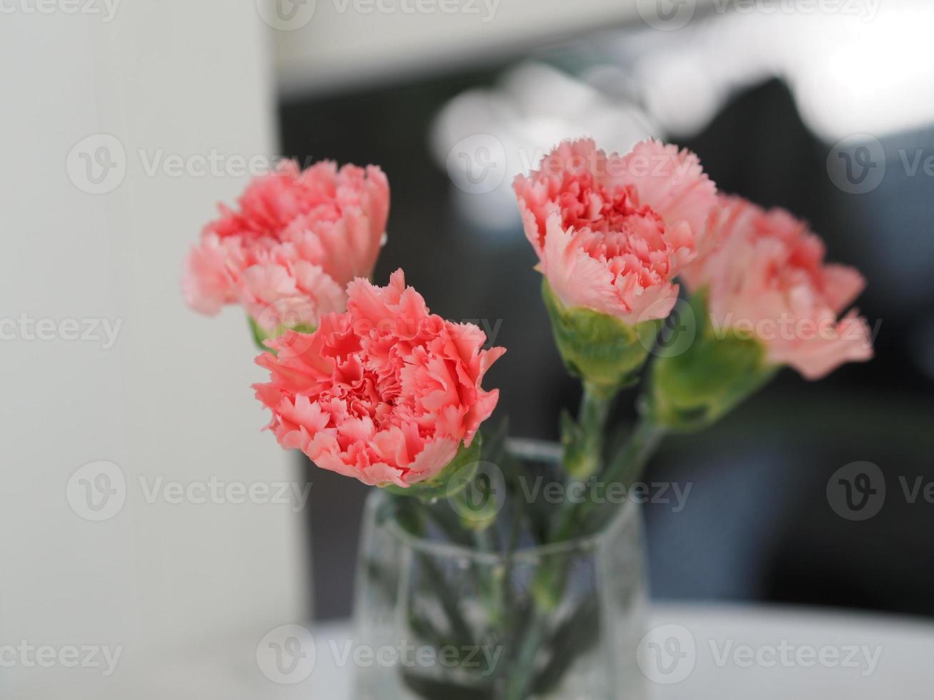 fiore di garofano rosa in bicchiere d'acqua sul tavolo foto