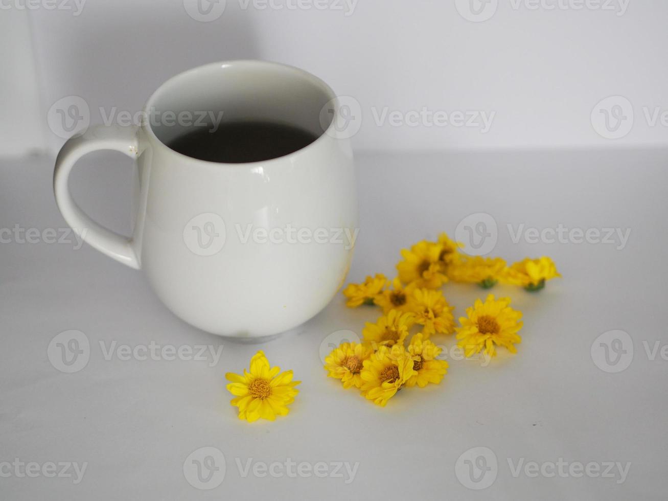 succo di crisantemo, bere acqua, crisantemo indicum nome scientifico dendranthema morifolium, flavonoidi, in tazza da tè bianca closeup polline di fiore giallo foto